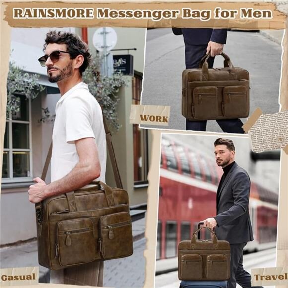 Mens Vintage Leather Messenger Bag Laptop Bag 15 Inch Waterproof Briefcase Satch - Picture 4 of 7